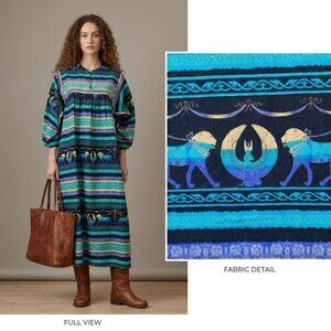 70s 80s Krist Gudnason California Egypt Print MuuMuu Maxi Dress | Blue Gold